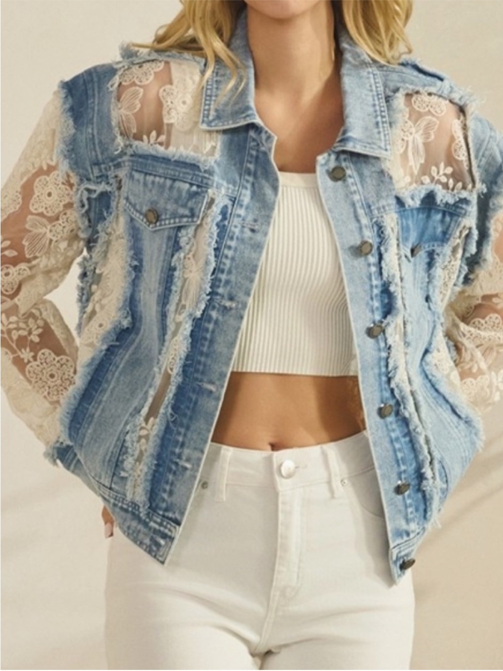 NWT Western Floral Lace Semi Sheer Button Down Frayed
Jacket - Picture 8 of 13